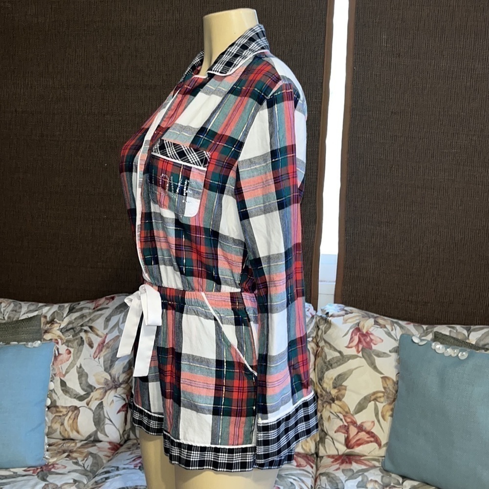 Victoria Secret Flannel Sleep Romper Plaid Red Green Shimmer CRYSTAL Love S - Picture 7 of 9